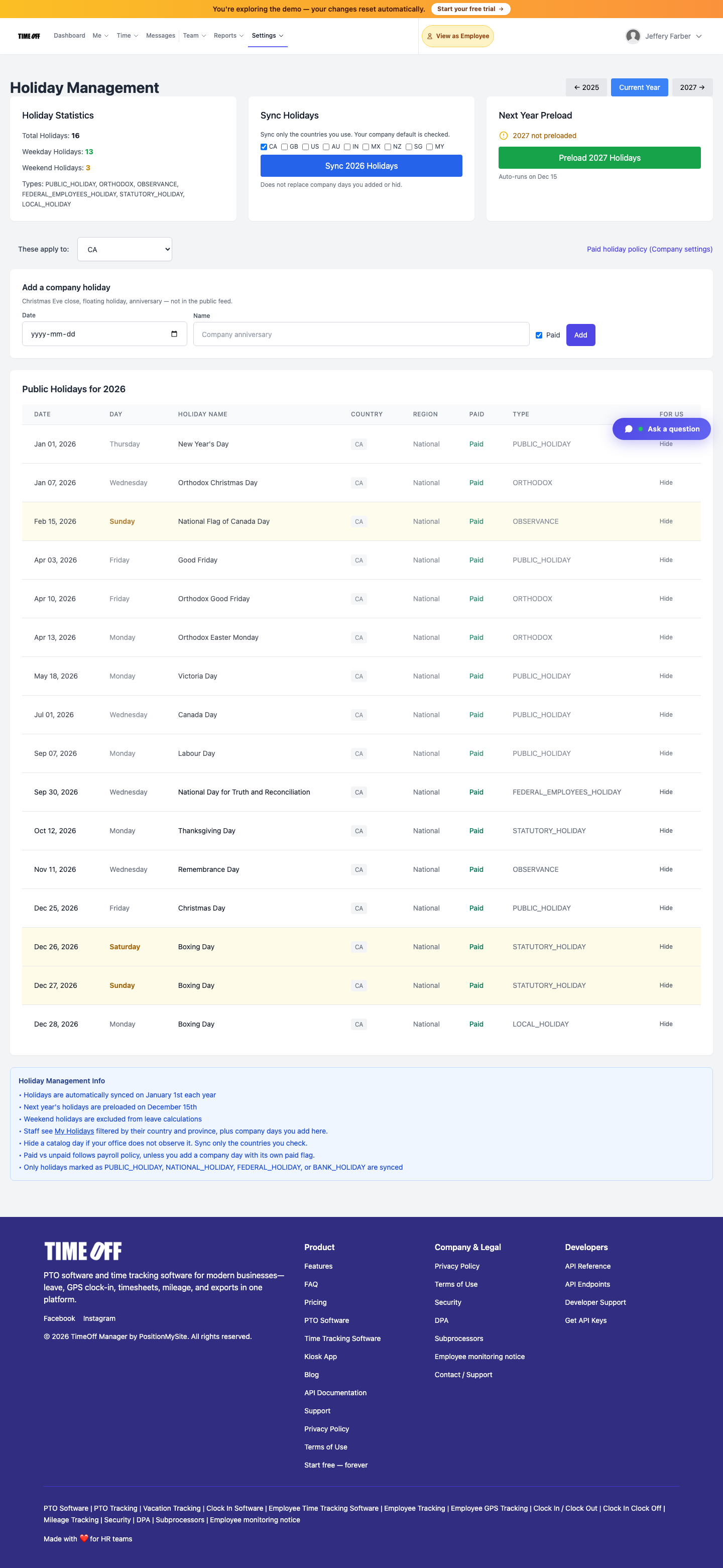 Holiday management admin view showing custom holiday lists