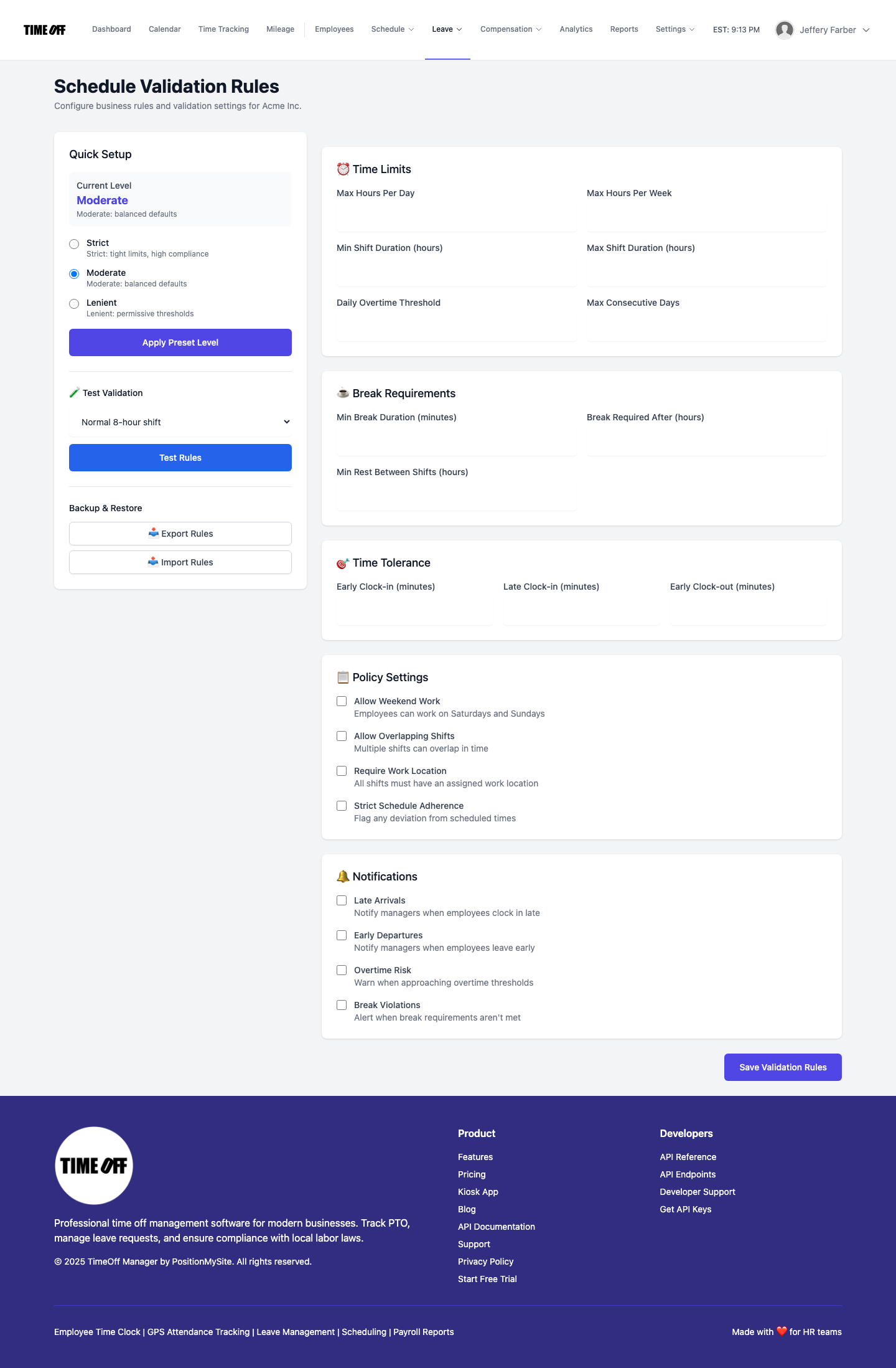 Schedule Validation rules for breaks and limits