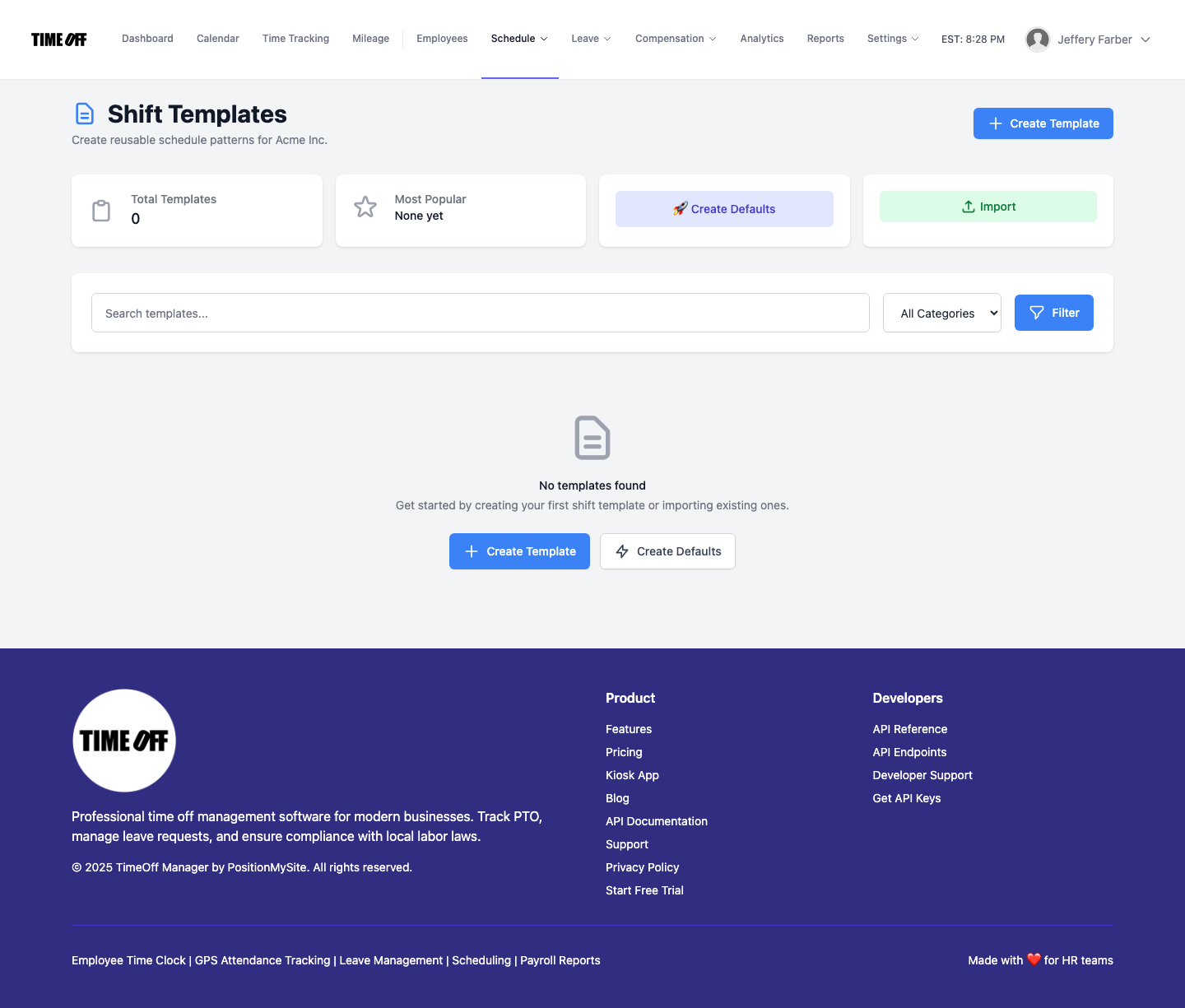 Shift Templates Index