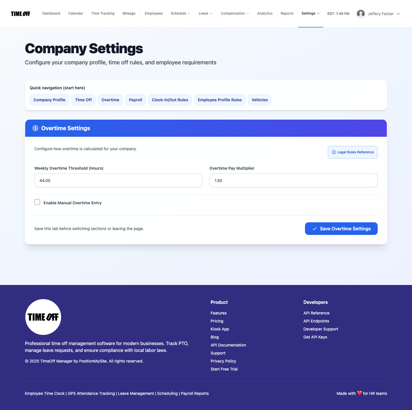 TimeOff Manager Company Settings — Overtime rules configuration