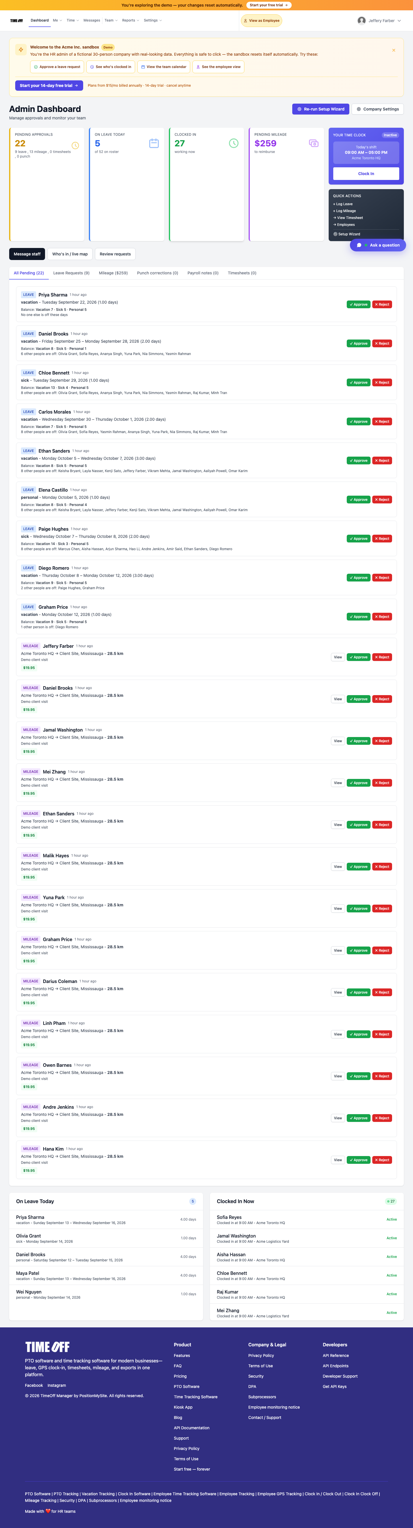 TimeOff Manager dashboard — PTO and time tracking in one login