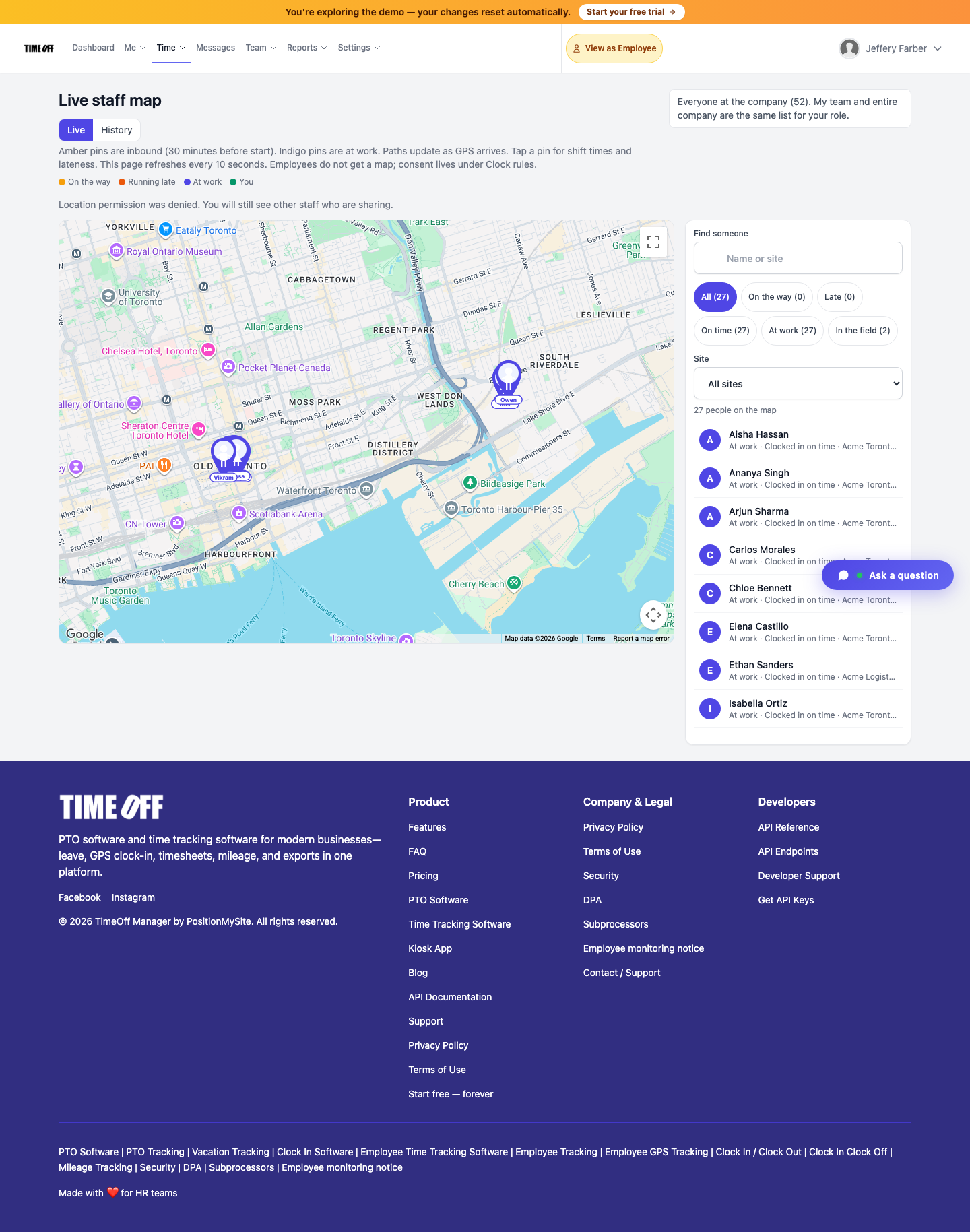 TimeOff Manager live staff map with GPS clock-in locations