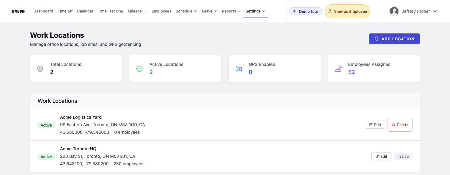 TimeOff Manager work locations and GPS geofence settings