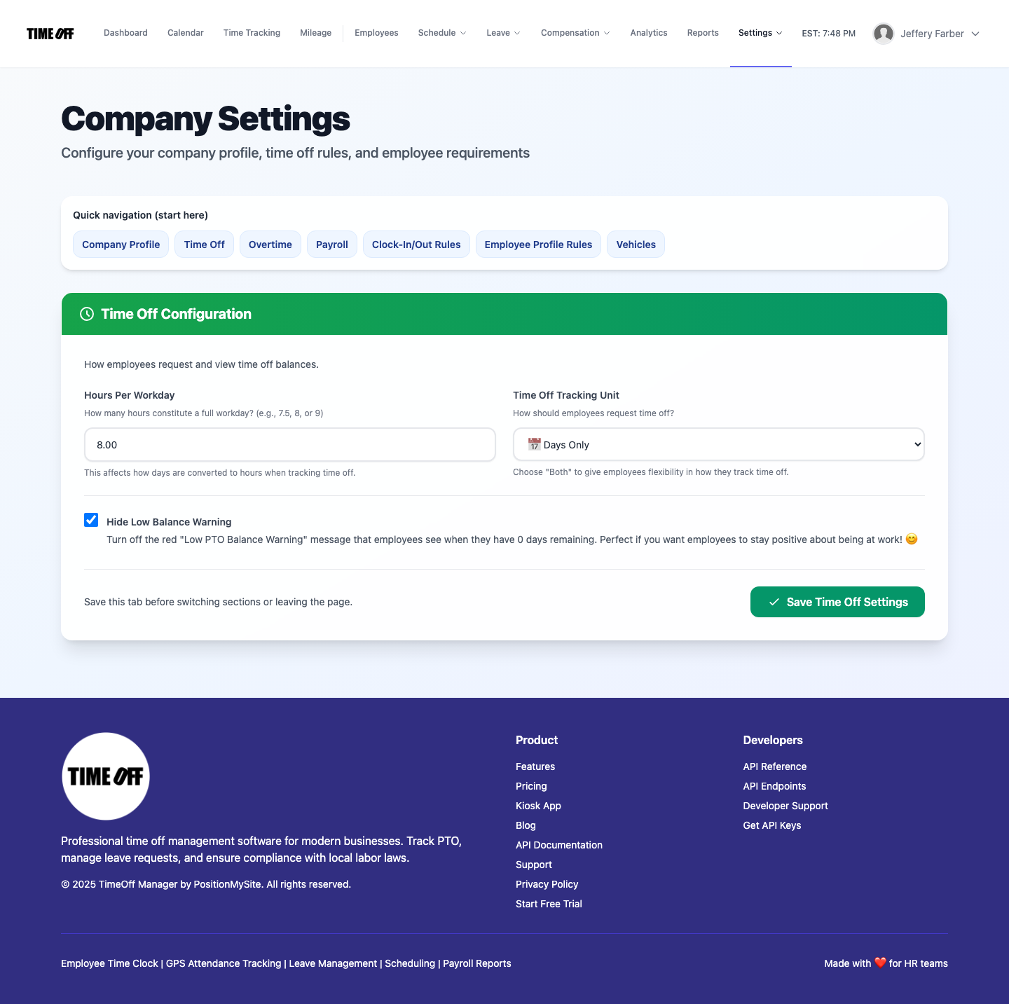 TimeOff Manager Company Settings — Time Off configuration